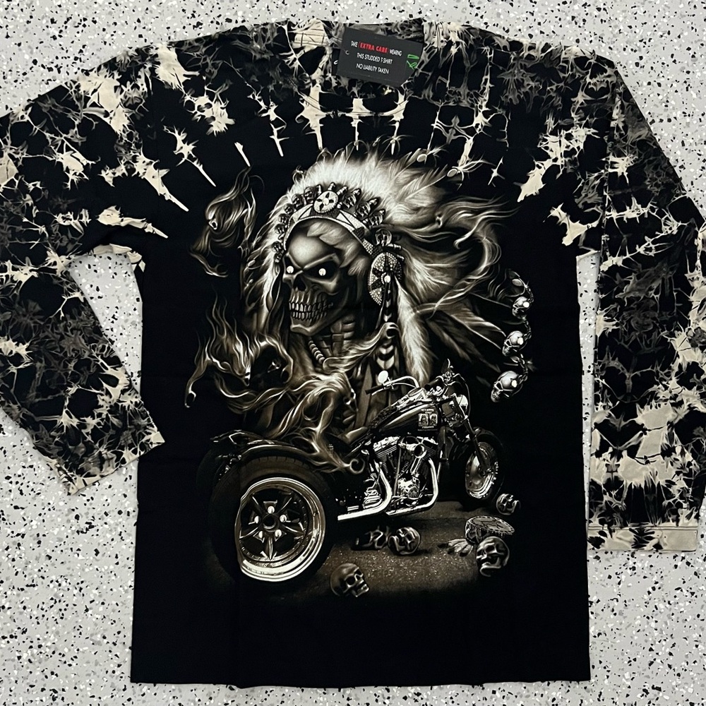 Glow in the Dark 3D L/S Skull Indian Motorcycle Rider Shirt. NWT